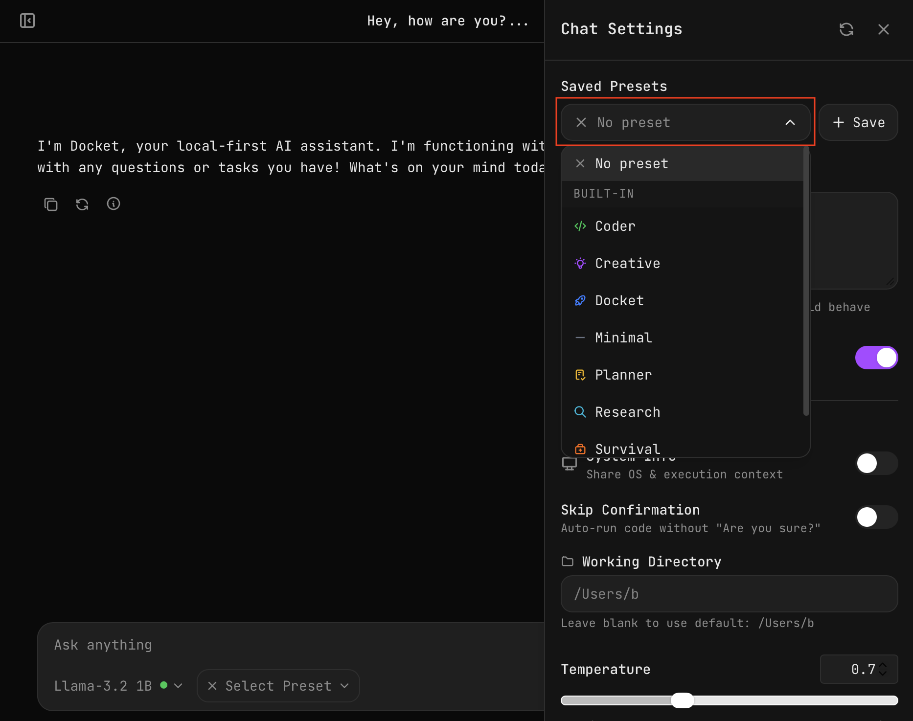 Select Preset from Chat Settings